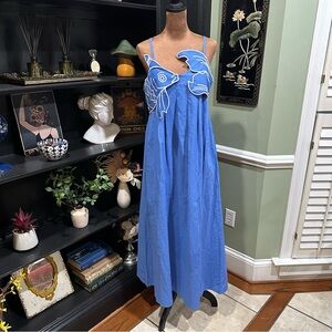 farm rio blue fish dress White Beaded Fishes Sleeveless Maxi Dress – FARM Rio main image 1